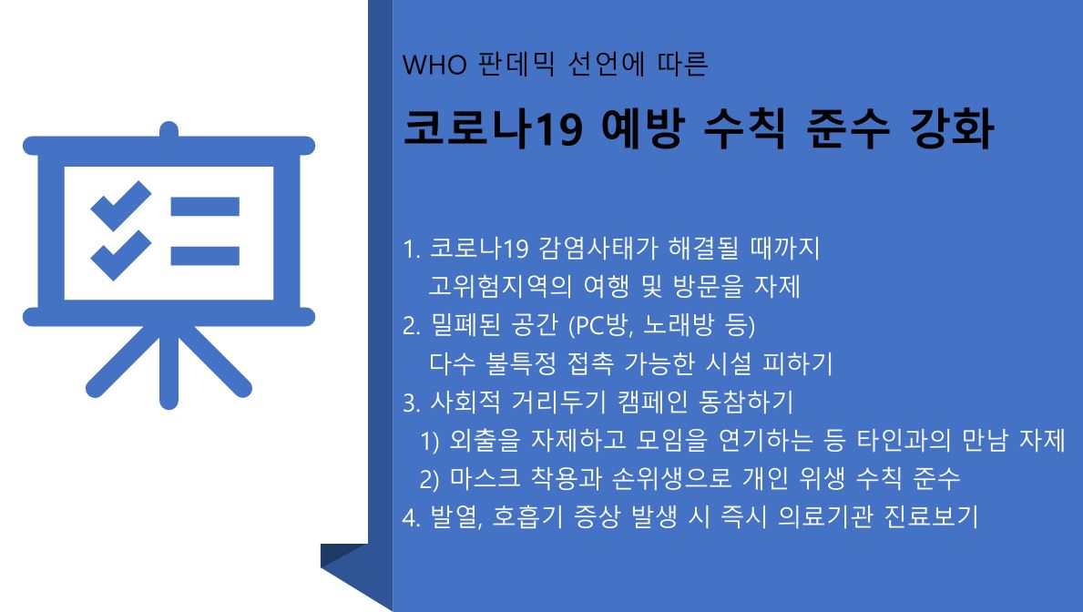 WHO 판데믹 선언에 따른​ 코로나19 예방 수칙 준수 강화​ 이미지 입니다. 자세한 내용은 하단에 있습니다.